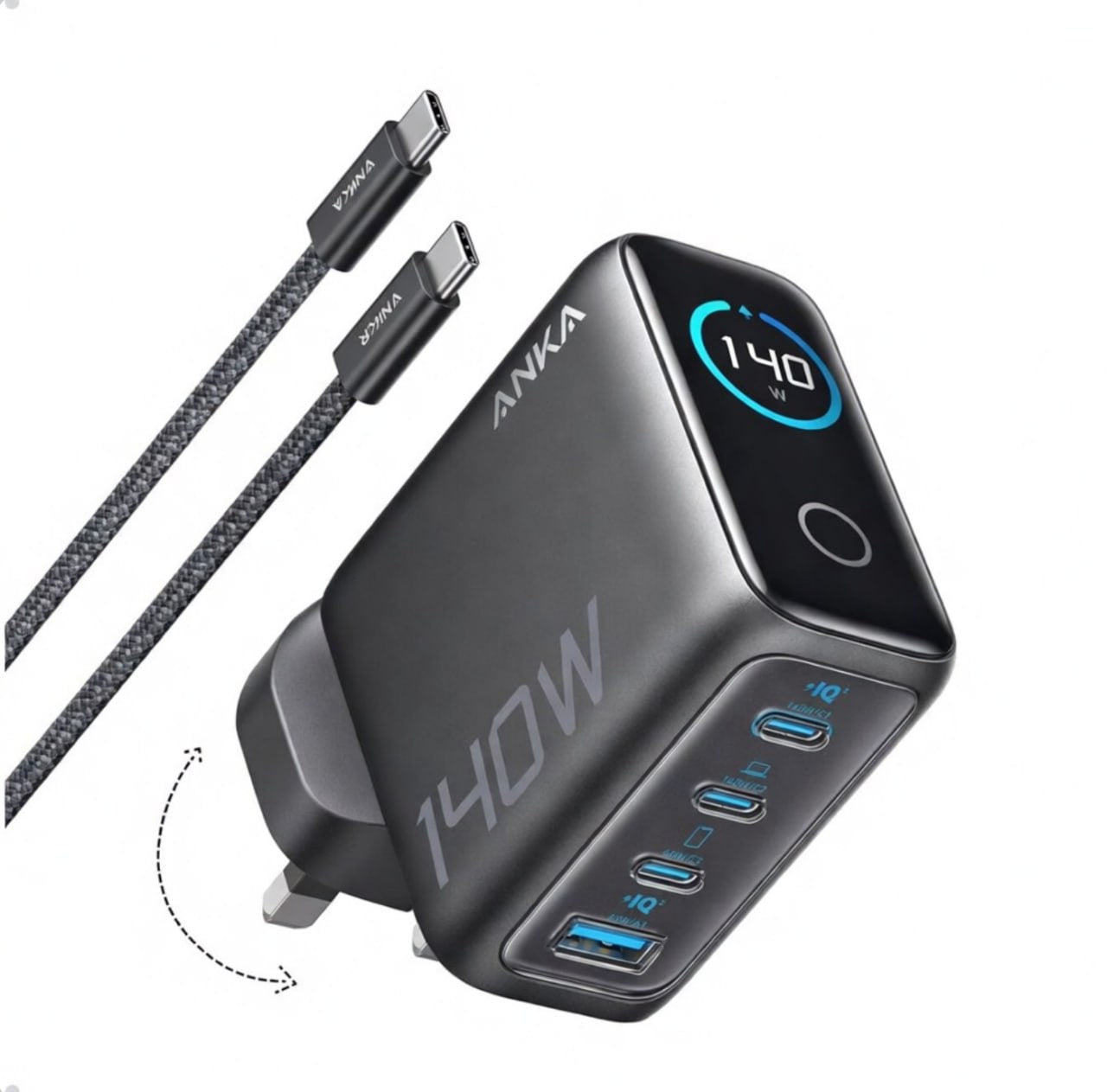 شاحن جداري سريع Anka 140W بتقنية GaN، 4 منافذ (3 Type-C + 1 USB-A)، شاشة عرض رقمية، حماية أمان 24 ساعة، شحن 4 أجهزة في آن واحد، متوافق مع آيفون، لابتوب، أجهزة ذكية