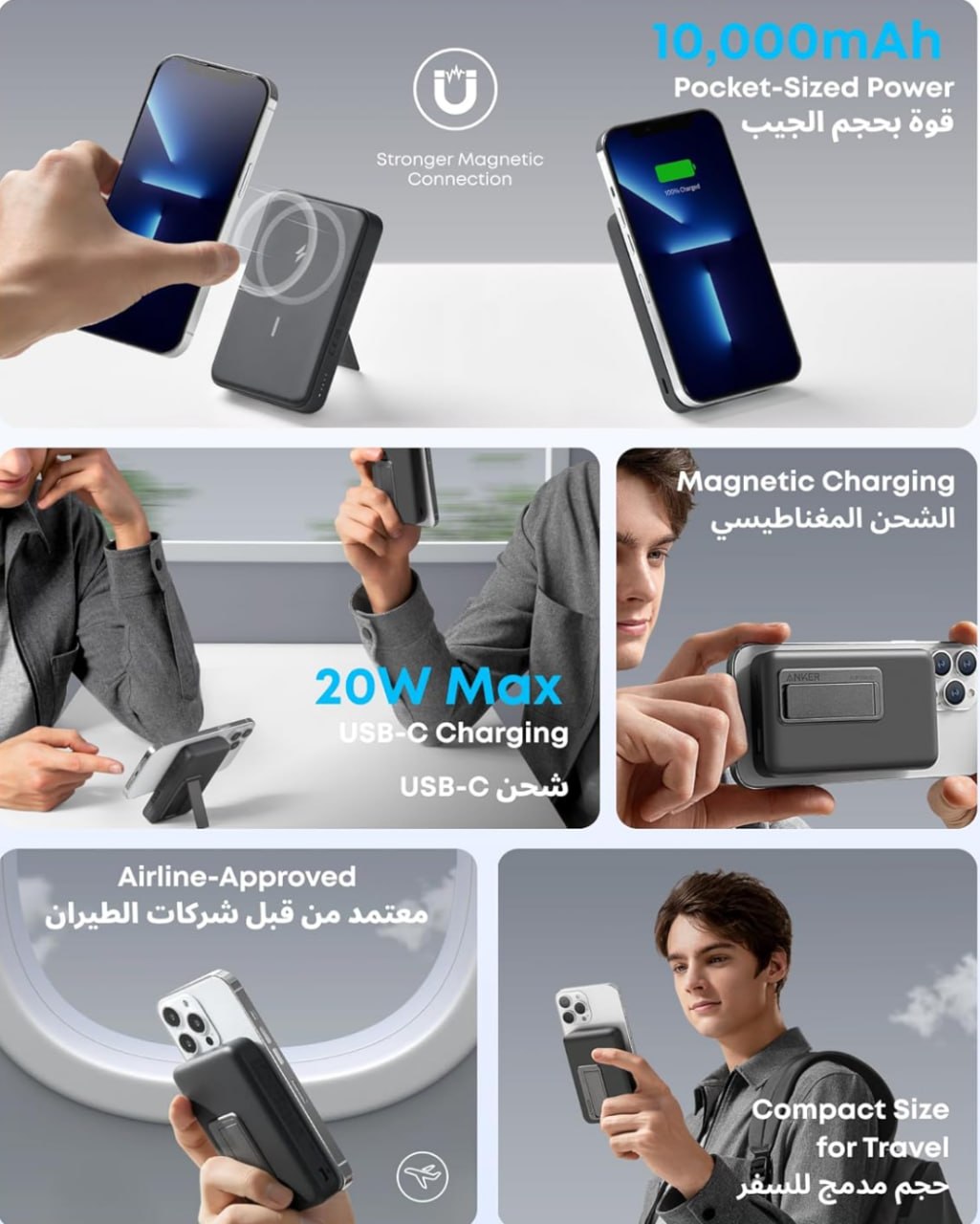 باور بانك مغناطيسي لاسلكي Anker 10000mAh، شحن سريع 20W، حامل مدمج، معتمد للطيران، حجم صغير للسفر، متوافق مع آيفون