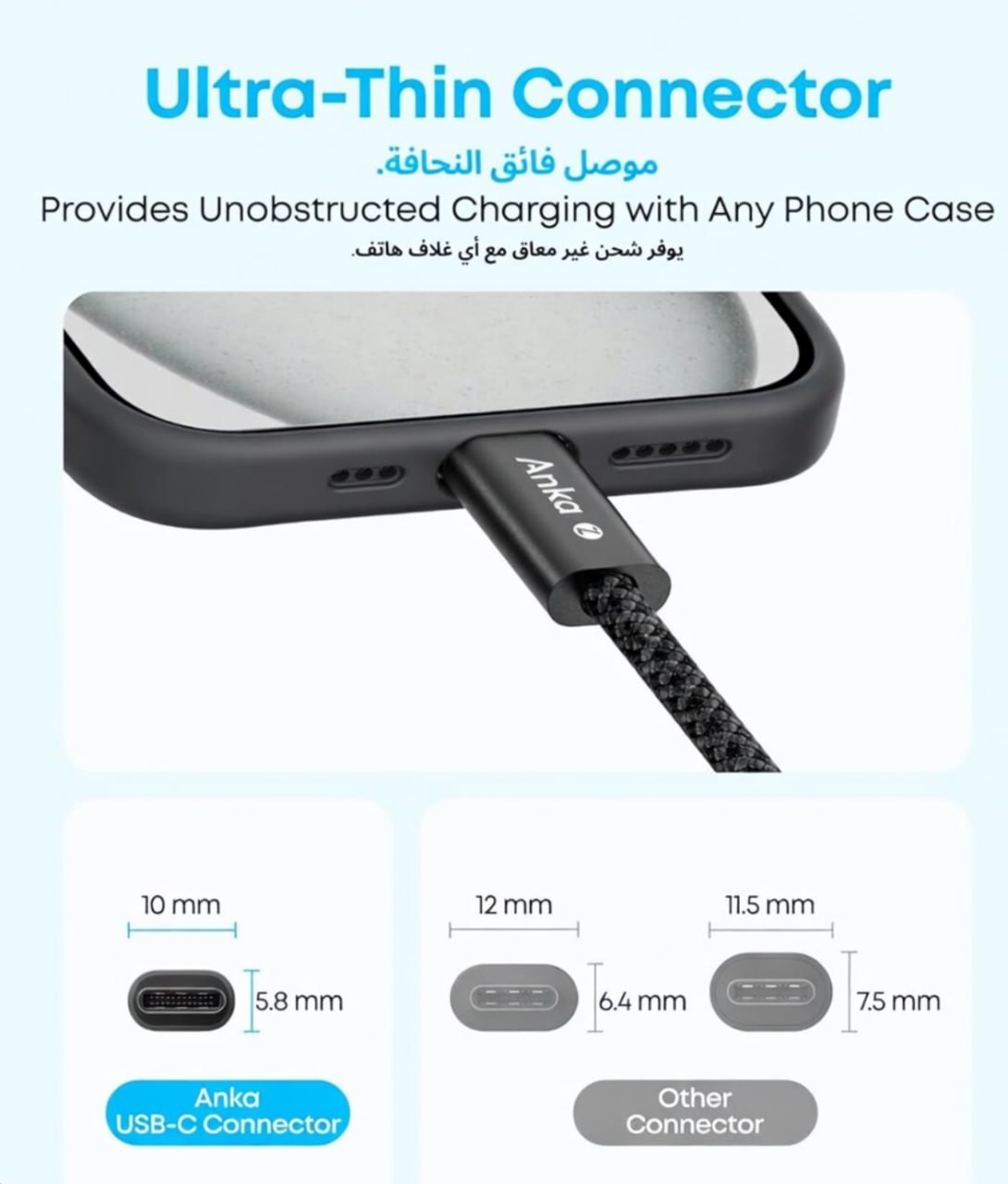 كابل Anka USB-C إلى USB-C منسوج مقاوم للأوساخ، موصل رقيق للغاية، قابل للتعديل بالطول، شحن سريع، متين لسنوات طويلة، مناسب للسيارة والمنزل